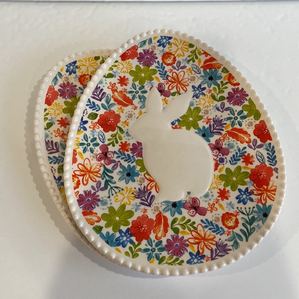 Pier 1 Ironestone Easter Bunny Egg Serving Plate Dish Ceramic Glaze - Set of 2